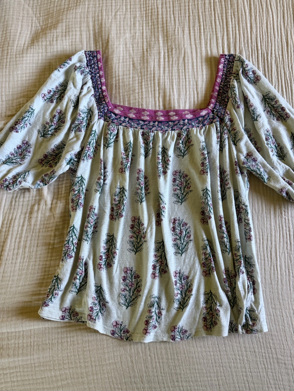 Lucky Brand White Top with Pink and Green Floral Print